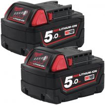 Milwaukee 2x M18B5 M18 5.0Ah Red Lithium-Ion Batteries